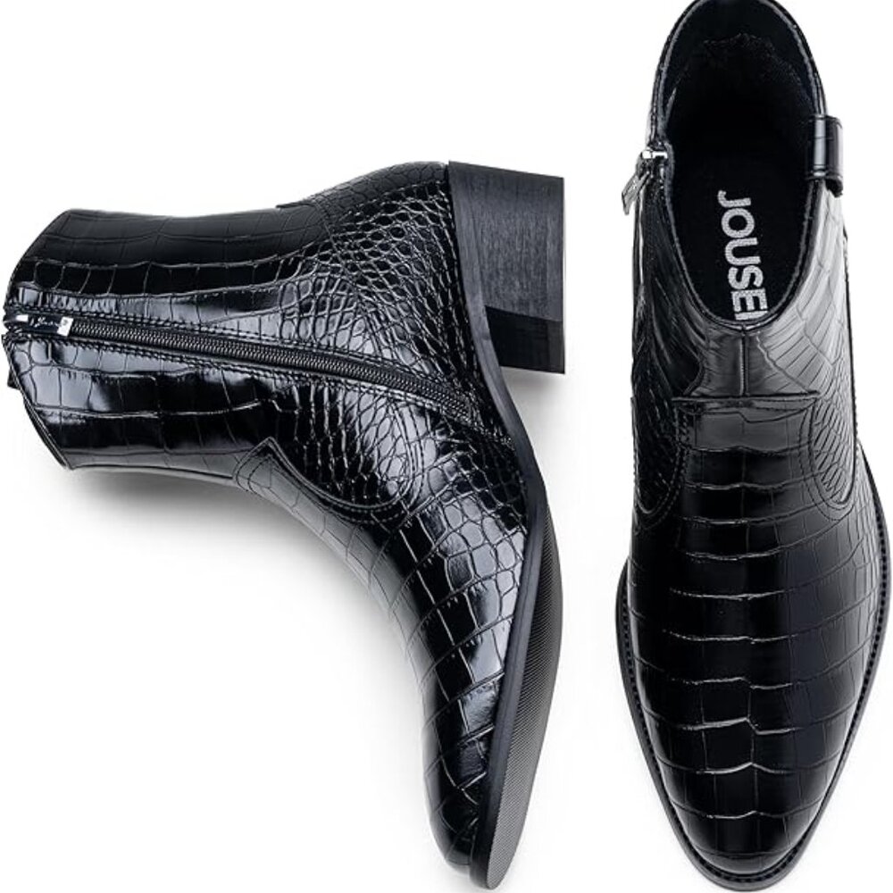NEW! Men Crocodile Embossed Western Boot  Side Zipper Stylish Retro Short-Black - Picture 3 of 5